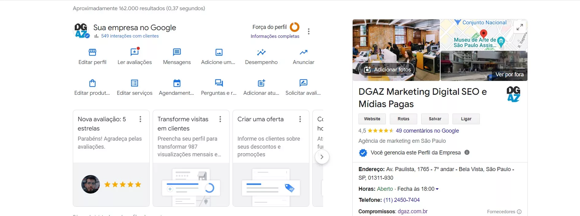 Interface Google Meu Negócio